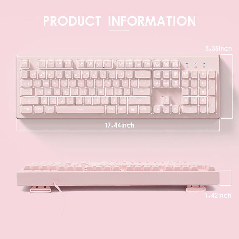 Basaltech Pink Keyboard with 7-Colors LED Backlit,104 Keys Silent Creamy Keyboards,Double Shot Keycaps Light Up Keyboard Wired USB for Computer,Mac,Laptop - Image 5